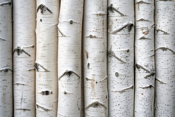 Obraz premium White birch tree trunks with distinctive bark patterns and textures.