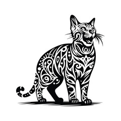 Bengal Cat in bohemian black and white silhouette illustration