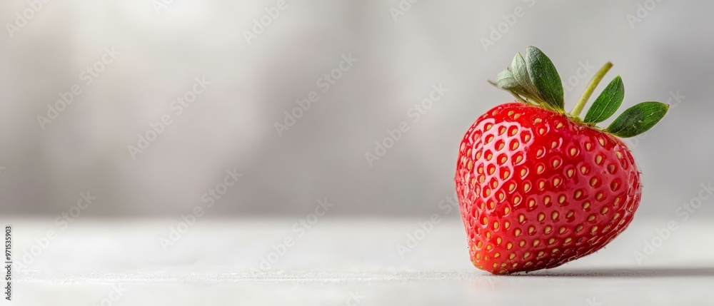 Wall mural a strawberry, with a leaf atop its stem, in crisp focus against a pristine white background