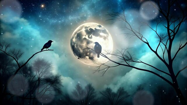 2 silhouettes of crows perched on a tree branch with a full moon in the background