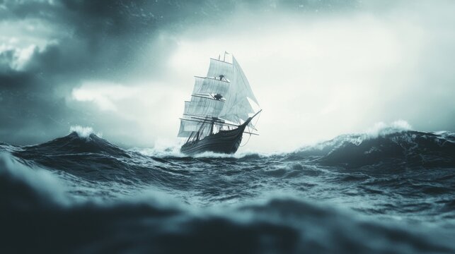 A ship navigating through rough seas with its sails fully open, glowing with light, proactive leadership and resilience in turbulent times
