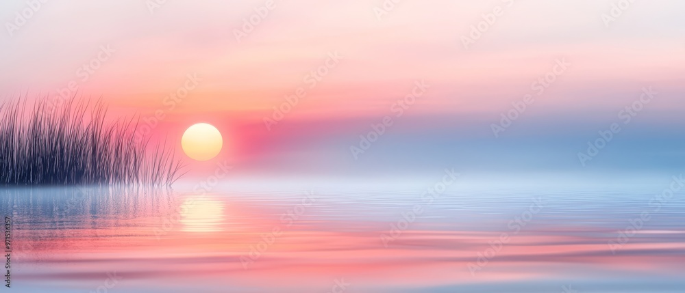 Wall mural a sunset over a tranquil body of water, foregrounded by reeds, backgrounded by a setting sun