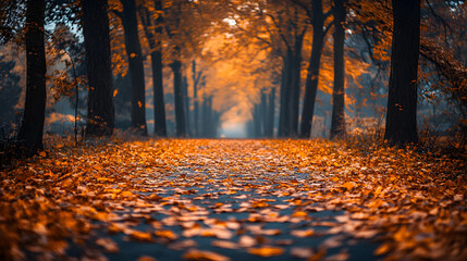 Obraz premium A path lined with trees leads into a misty forest, covered in autumn leaves. The sun shines through the branches, creating a warm glow.