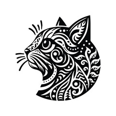 Bengal Cat in folk art black and white silhouette illustration