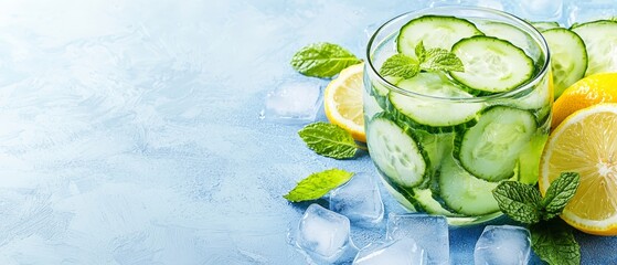 Obraz premium A glass of cucumber, lemon, and mint beverage with ice cubes against a blue background