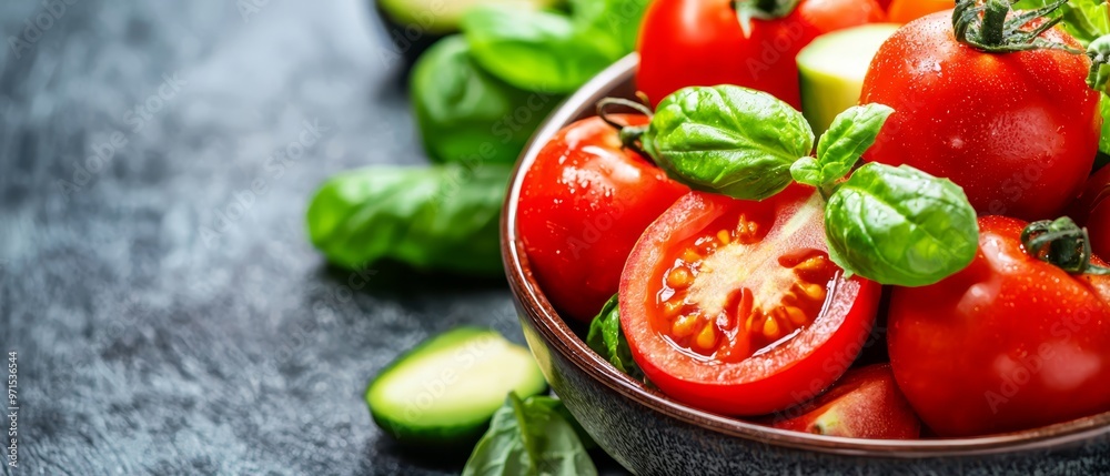 Wall mural  A bowl filled with tomatoes and cucumbers Basil leaves rest atop the tomatoes and cucumbers, nestled in the bottom of the bowl