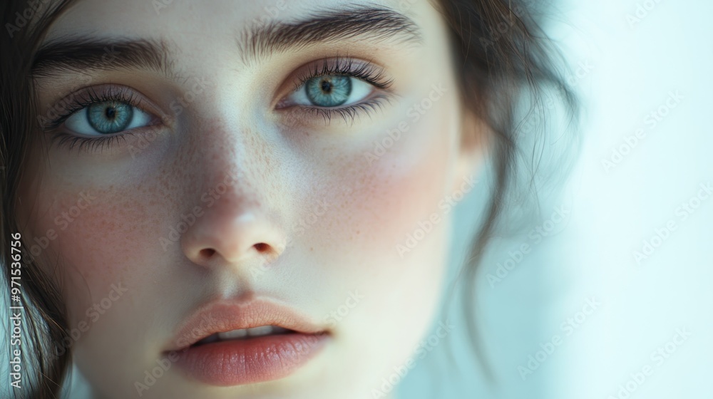 Wall mural Close-up Portrait of a Young Woman with Blue Eyes and Freckles