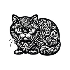 Obraz premium British Shorthair in folk art black and white silhouette illustration