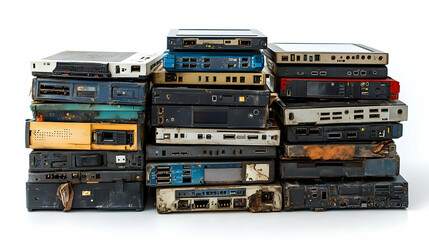 A stack of vintage cassette players and audio equipment showcasing retro technology.