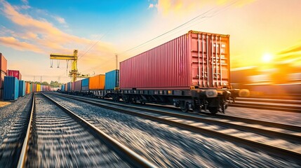 Fototapeta premium Container train moving along railway tracks at sunset in an industrial area with cranes in the background