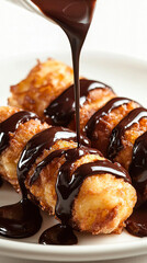 Deep fried candy bar drizzled with rich chocolate sauce, delightful treat!