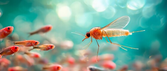 Fototapeta premium A tight shot of a tiny insect hovering above a water body, surrounded by smaller fish in the clear depths behind it