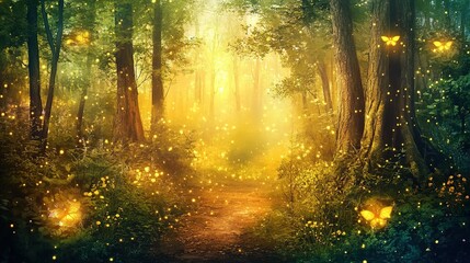 Fototapeta premium A serene forest pathway illuminated by glowing fireflies and butterflies during a golden sunset in a tranquil woodland