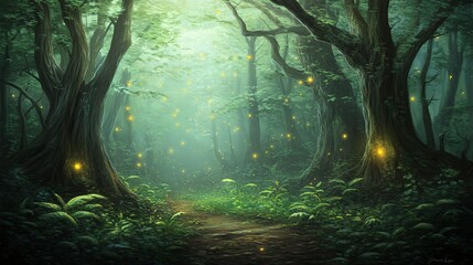 Obraz premium A serene forest path illuminated by glowing fireflies during a tranquil summer evening