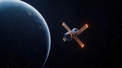 A space station orbiting a distant planet, innovation in space exploration, sci-fi, dark space background with glowing elements