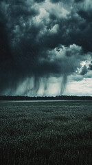 Dramatic downpour over an open field with rain pouring down