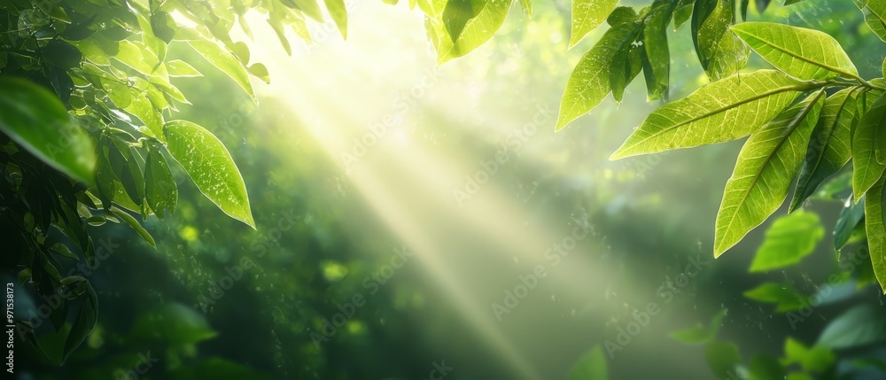 Poster sunlight filters through jungle tree's leaves, casting a beam