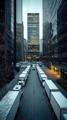 Obraz premium Delivery trucks lined up in modern urban setting, showcasing busy atmosphere