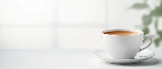Fototapeta premium A cup of coffee atop a saucer, next to a vase holding a verdant plant