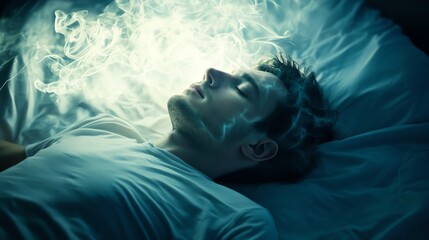 A serene young man sleeps on a bed, with ethereal smoke wisps rising above him, creating a calm and dreamlike atmosphere.