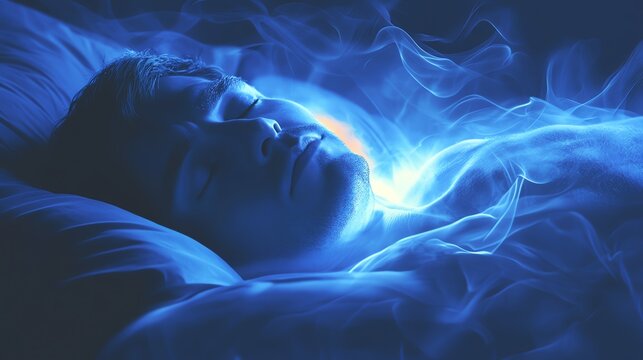 A serene image of a person sleeping peacefully, surrounded by mystical blue light and ethereal smoke, evoking calm and tranquility.