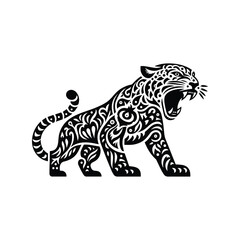 Naklejka premium Jaguar in folk art black and white silhouette illustration