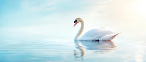 Obraz premium A white swan floats on tranquil water, beneath a blue sky and sunbackdrop