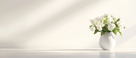 Fototapeta premium A white vase, filled with white flowers, sits atop a pristine white table Nearby, a pristine white wall provides a serene backdrop