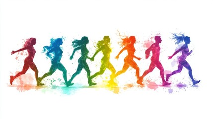 Obraz premium Colorful silhouettes of people jogging in a sequence of shades, symbolizing fitness, exercise, and diversity in motion.
