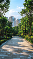 A serene pathway surrounded by lush greenery leads to modern high rise buildings