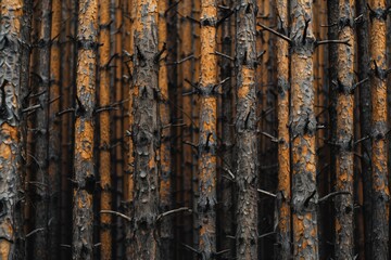 Tall tree trunks with a textured bark, showcasing a mix of dark and orange hues. The trees are densely packed, creating a striking visual pattern.