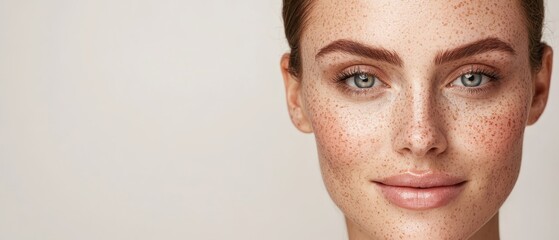 Fototapeta premium A woman with freckled hair and freckled skin smiles at the camera