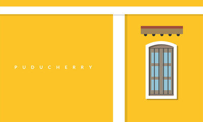 Puducherry - Bright yellow coloured building on roads in White Town - Stock Illustration