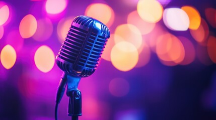 Vintage Microphone Against a Bokeh Background of Pink and Orange Lights