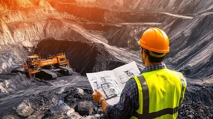 Mining engineer inspecting excavation plans while overseeing operations at a large quarry site during daylight hours