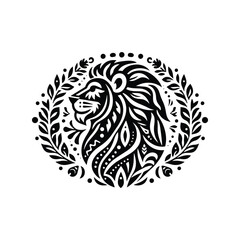 Lion in folk art black and white silhouette illustration