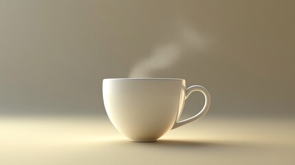 A steaming cup of coffee on a beige background.