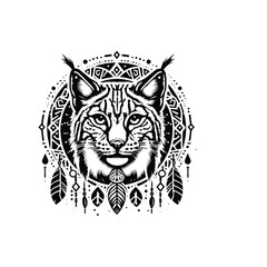 lynx cat in bohemian black and white silhouette illustration