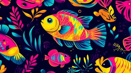 Neon Fish and Flora Seamless Pattern Digital Illustration with vibrant colors, playful fish, and tropical foliage., seamless pattern, digital art, neon colors