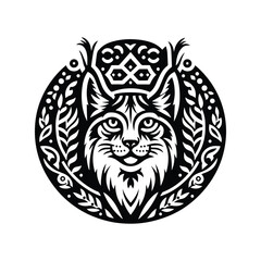 lynx cat in folk art black and white silhouette illustration