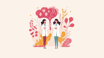 Two female scientists discussing innovative ideas in a colorful botanical setting, blending nature and science seamlessly.