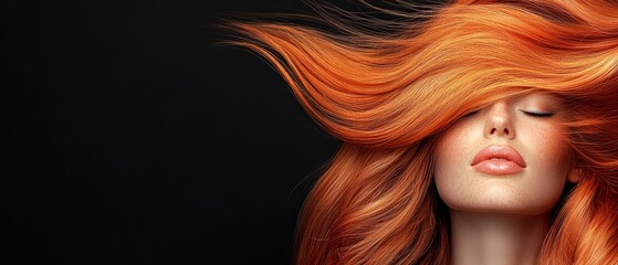 Naklejka premium A tight shot of a woman with red hair, her eyes gently closed