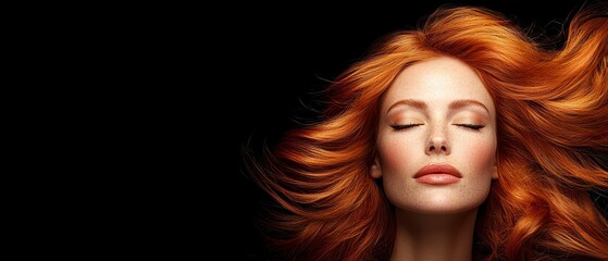 Fototapeta premium A woman with red hair is depicted with her eyes closed to one side of her face