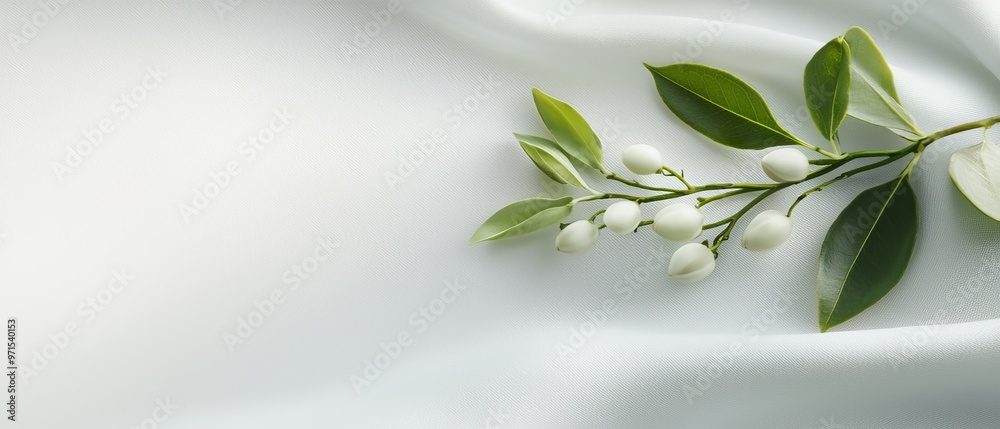 Wall mural  A branch with white flowers and green leaves against a pristine white satin backdrop Insert text or image here