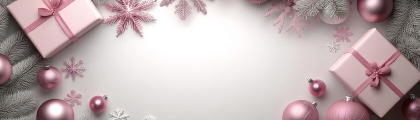 Obraz premium Pink and Silver Christmas Ornament Composition on White Background, Christmas , Decorations , Ornaments