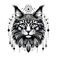 Fototapeta premium Maine Coon cat in bohemian black and white silhouette illustration