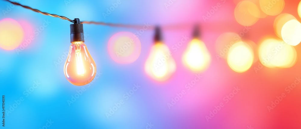 Sticker a tight shot of a string illuminated with light bulbs against a backdrop of colorfully lit bokeh