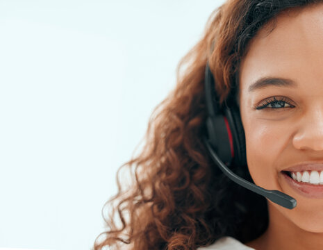 Call center, woman and consultant with headset portrait for customer service, technical support and happy on mockup. Telemarketing, agent and face of help desk operator with microphone for assistance