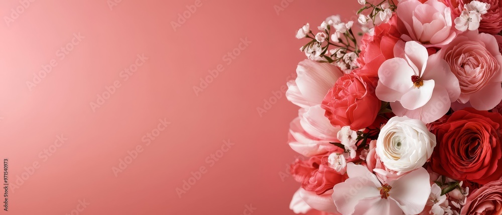 Wall mural red and white flowers in a bouquet against a pink backdrop inscribe text or add a name here