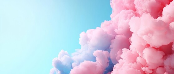 Fototapeta premium A pink-blue smoky mass against a blue backdrop; a plane flies in the sky behind it